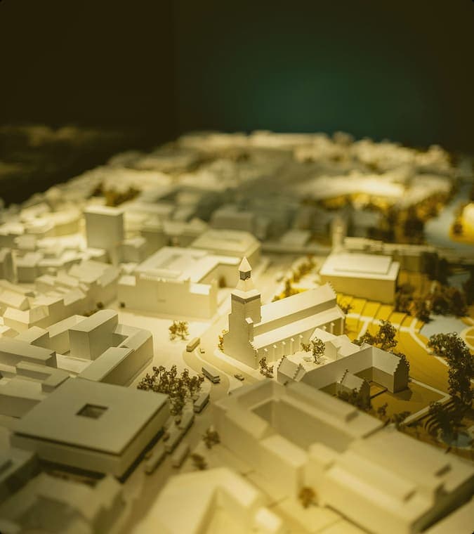 Architectural scale model of a planned development, viewed from above